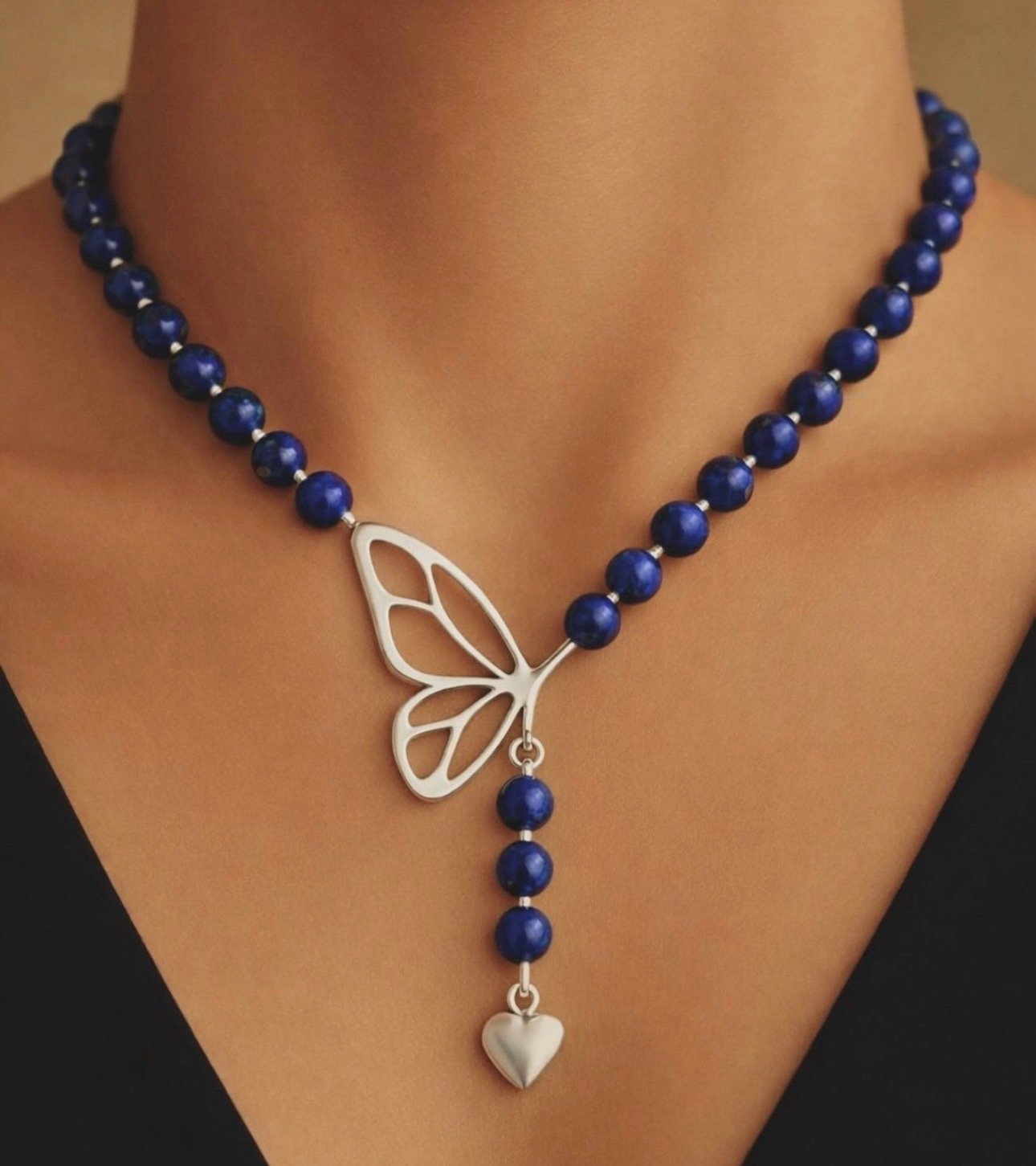 925 Ayar Gümüş Kelebek Lapislazuli Taşlı Kolye