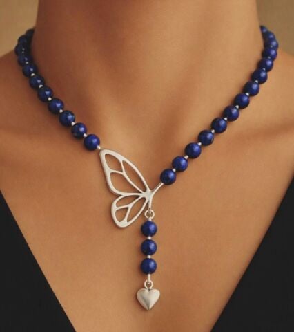 925 Ayar Gümüş Kelebek Lapislazuli Taşlı Kolye