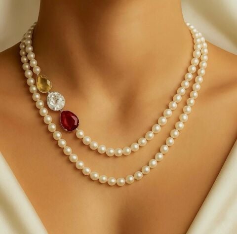 925 Ayar Gümüş Sitrin Kuvars Lal İnci Kolye