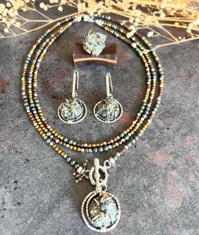 Doğaltaş Gümüş Pirit Taşlı Set