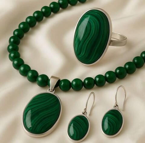 925 Ayar Gümüş Malakit Taşlı Set
