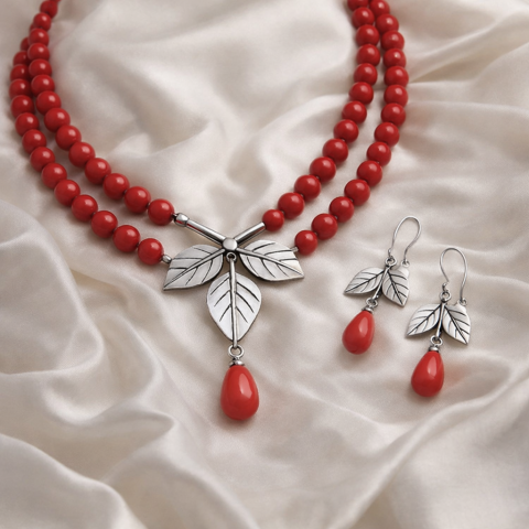 925 Ayar Gümüş Yaprak Mercan Kolye Küpe Set