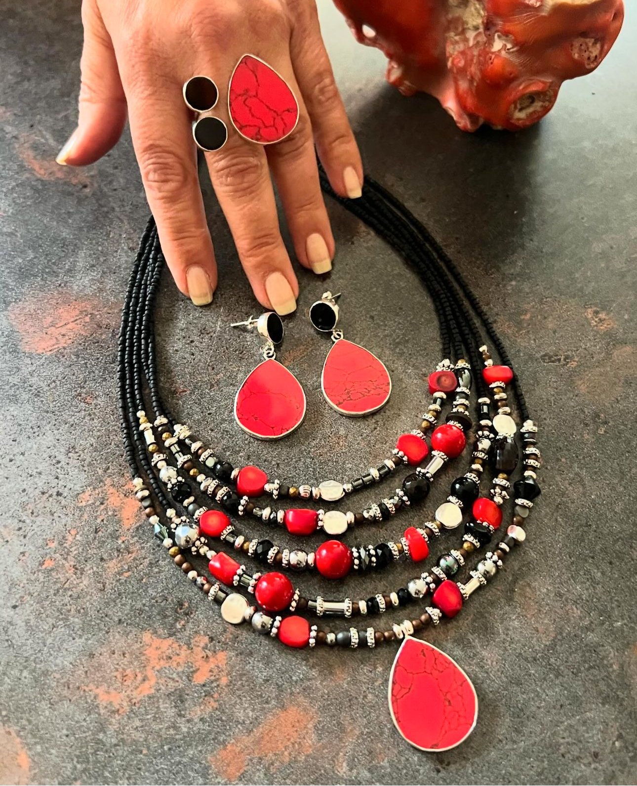 Doğaltaş Gümüş Mercan Onix Taşlı Set