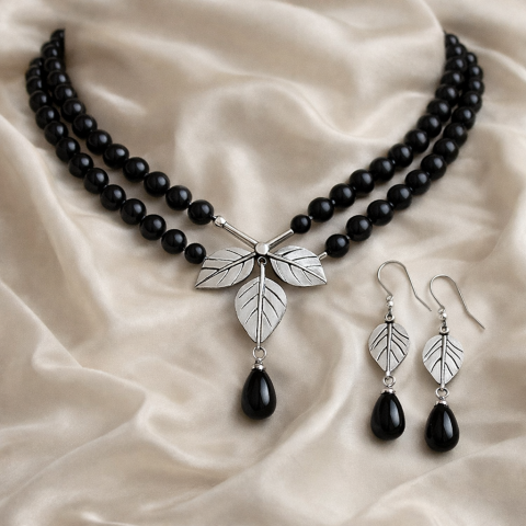 925 Ayar Gümüş Yaprak Onix Taşlı Kolye Küpe Set