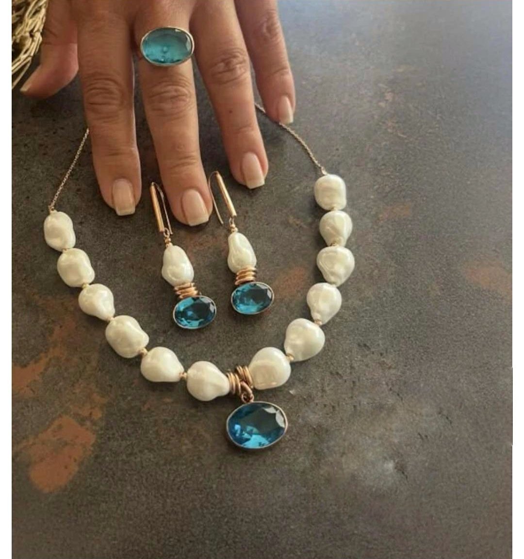 925 Ayar Gümüş Akuamarin Barok İnci Set