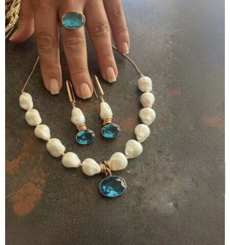 925 Ayar Gümüş Akuamarin Barok İnci Set