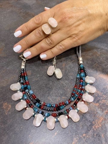 Doğaltaş Gümüş Pembe Kuvars Lal Akuamarin Taşlı Set