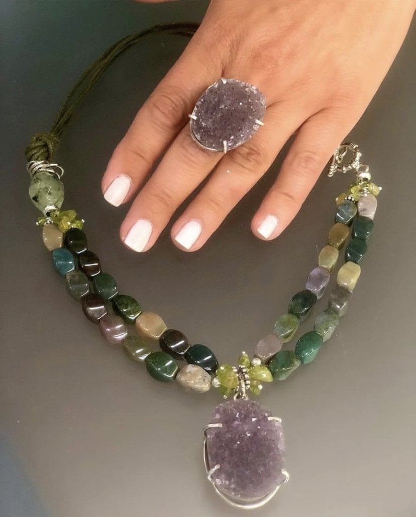 Doğaltaş Gümüş Amatist Yeşil Akik Taşlı Set