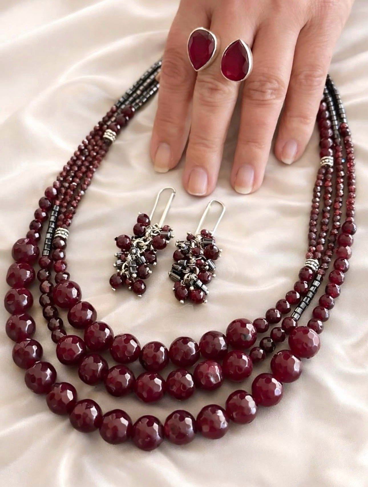 Doğaltaş Gümüş Granat Taşlı Set