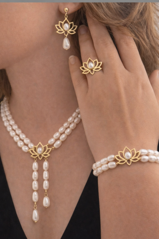 925 Ayar Gümüş Lotus Çiçeği İnci Set