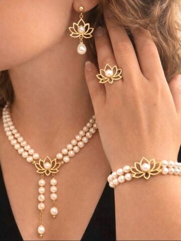 925 Ayar Gümüş Lotus Çiçeği İnci Set