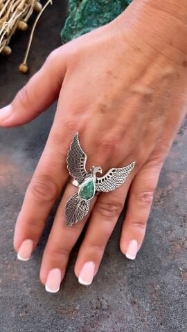 925 Ayar Gümüş Özel Tasarım Kök Zümrüt Taşlı Anka Kuşu Yüzük