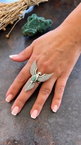 925 Ayar Gümüş Özel Tasarım Kök Zümrüt Taşlı Anka Kuşu Yüzük