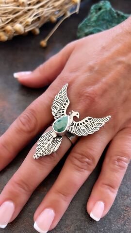 925 Ayar Gümüş Özel Tasarım Kök Zümrüt Taşlı Anka Kuşu Yüzük
