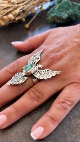 925 Ayar Gümüş Özel Tasarım Kök Zümrüt Taşlı Anka Kuşu Yüzük