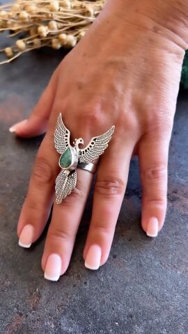 925 Ayar Gümüş Özel Tasarım Kök Zümrüt Taşlı Anka Kuşu Yüzük