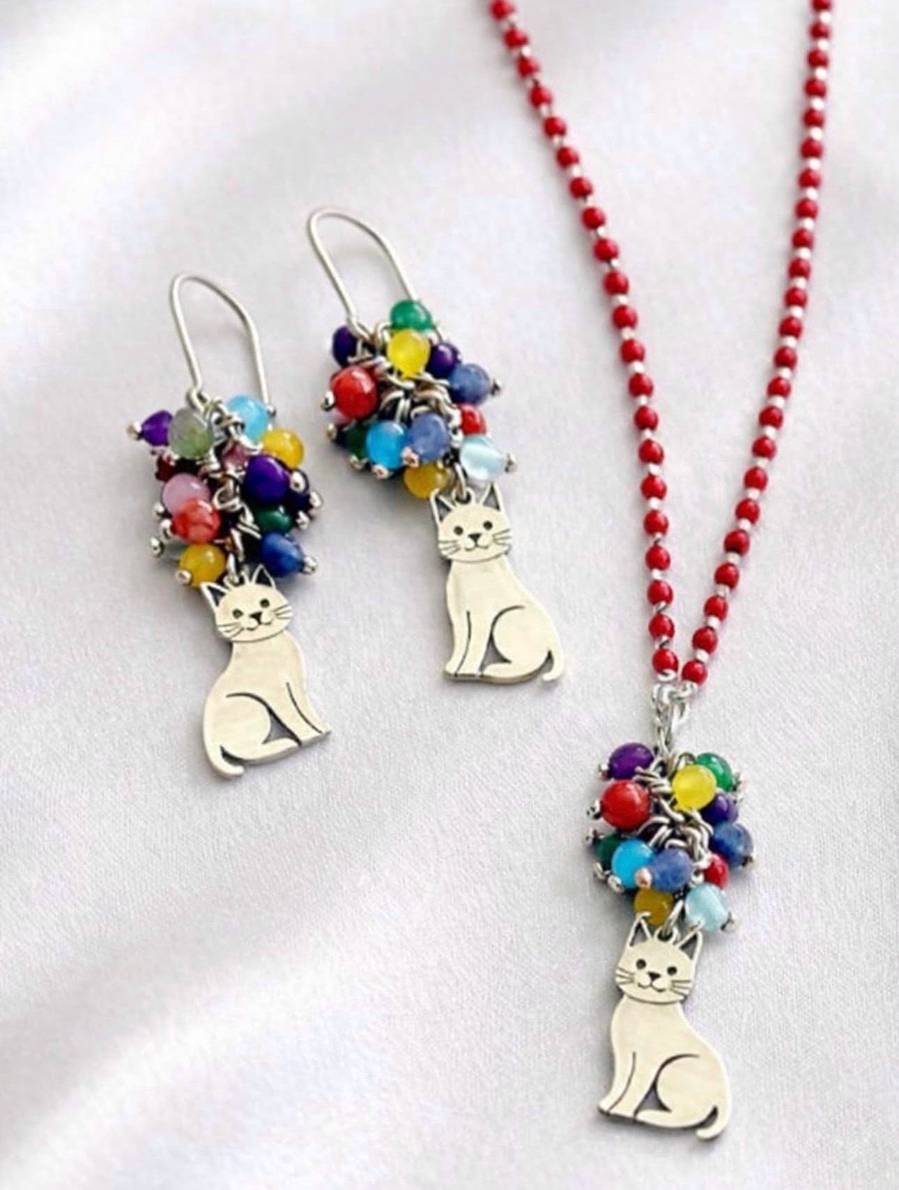 925 Ayar Gümüş Kedi Kolye Küpe Set