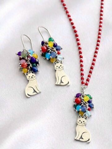 925 Ayar Gümüş Kedi Kolye Küpe Set