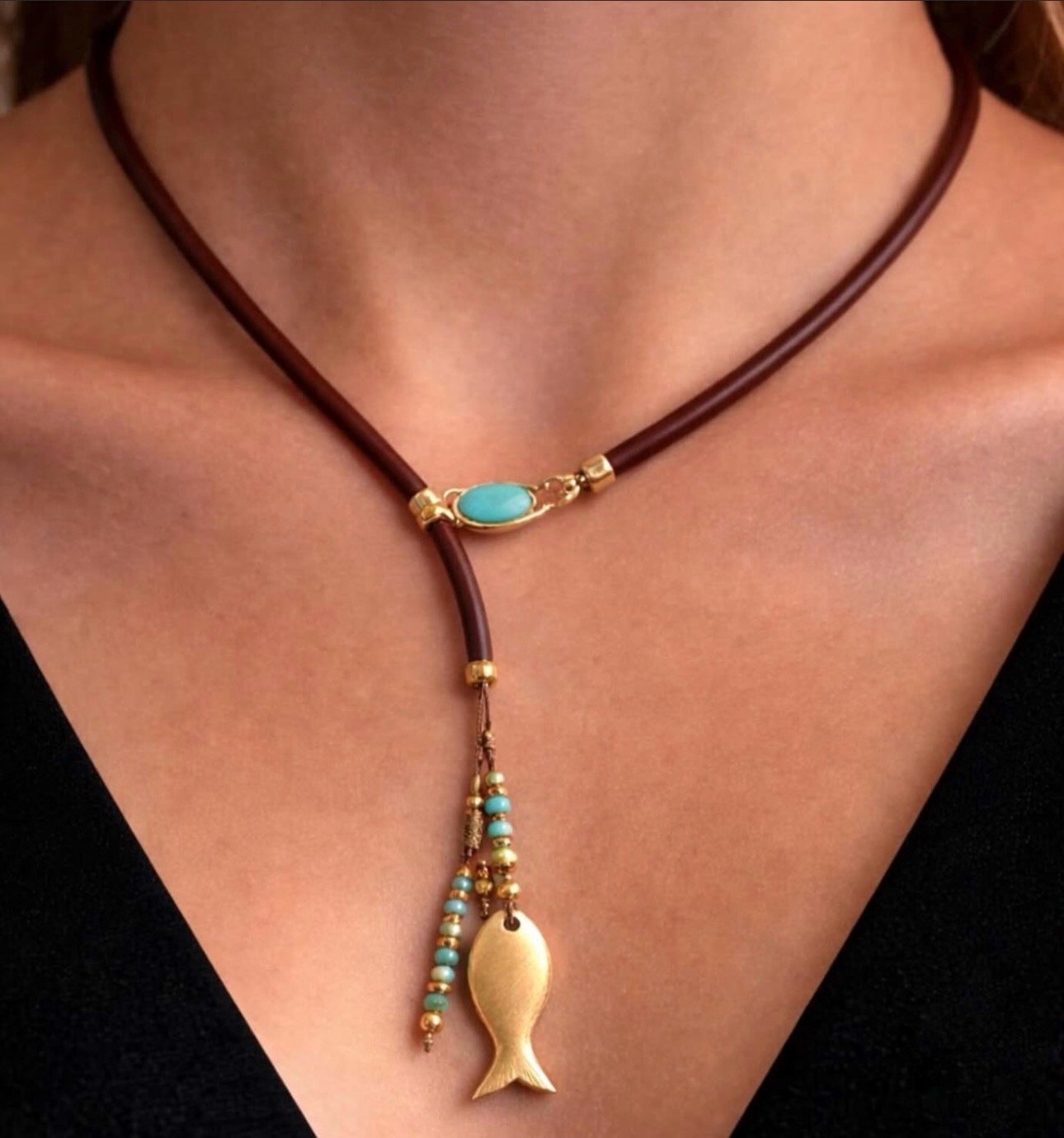 925 Ayar Gümüş Balık Turkuaz Deri Kolye