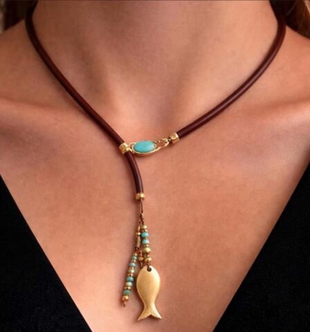 925 Ayar Gümüş Balık Turkuaz Deri Kolye