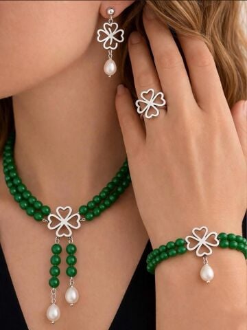 925 Ayar Gümüş Yonca Yeşim Taşlı Set