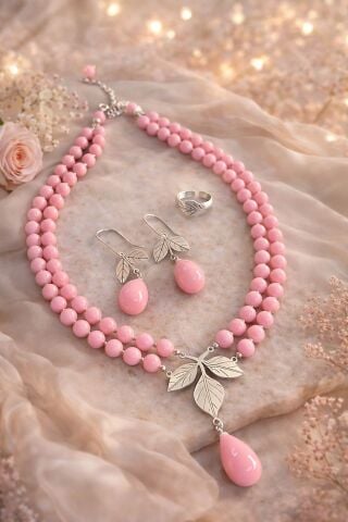 925 Ayar Gümüş Yaprak Kunzit Taşlı Set