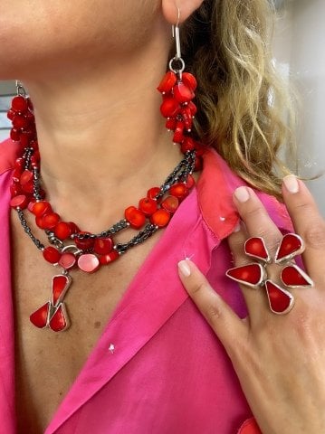 Doğaltaş Gümüş Kök Mercan Hematit Taşlı Set