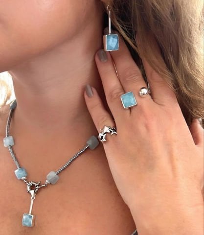 Doğaltaş Gümüş  Akuamarin Taşlı Set (Diğer Yıldız Yüzük Hariç)