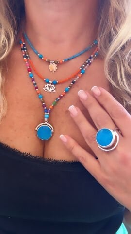 Doğaltaş Gümüş Yonca Lotus Çiçeği Mavi Kuvars Kolye Kombin ve Yüzük