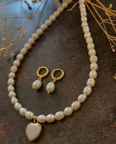 925 Ayar Gümüş Gold İnci Kalp Kolye
