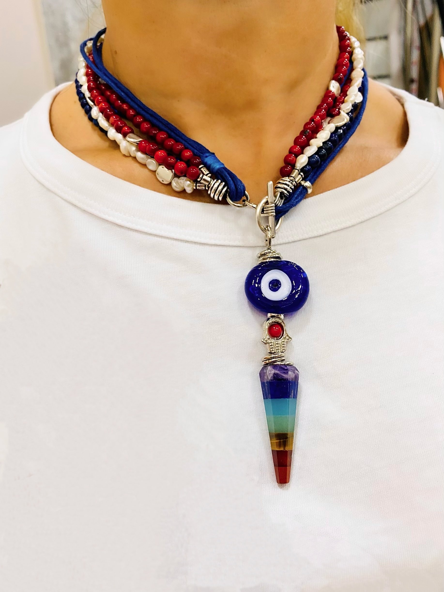 Kök Mercan İnci Lapislazuli Çakra Kolye