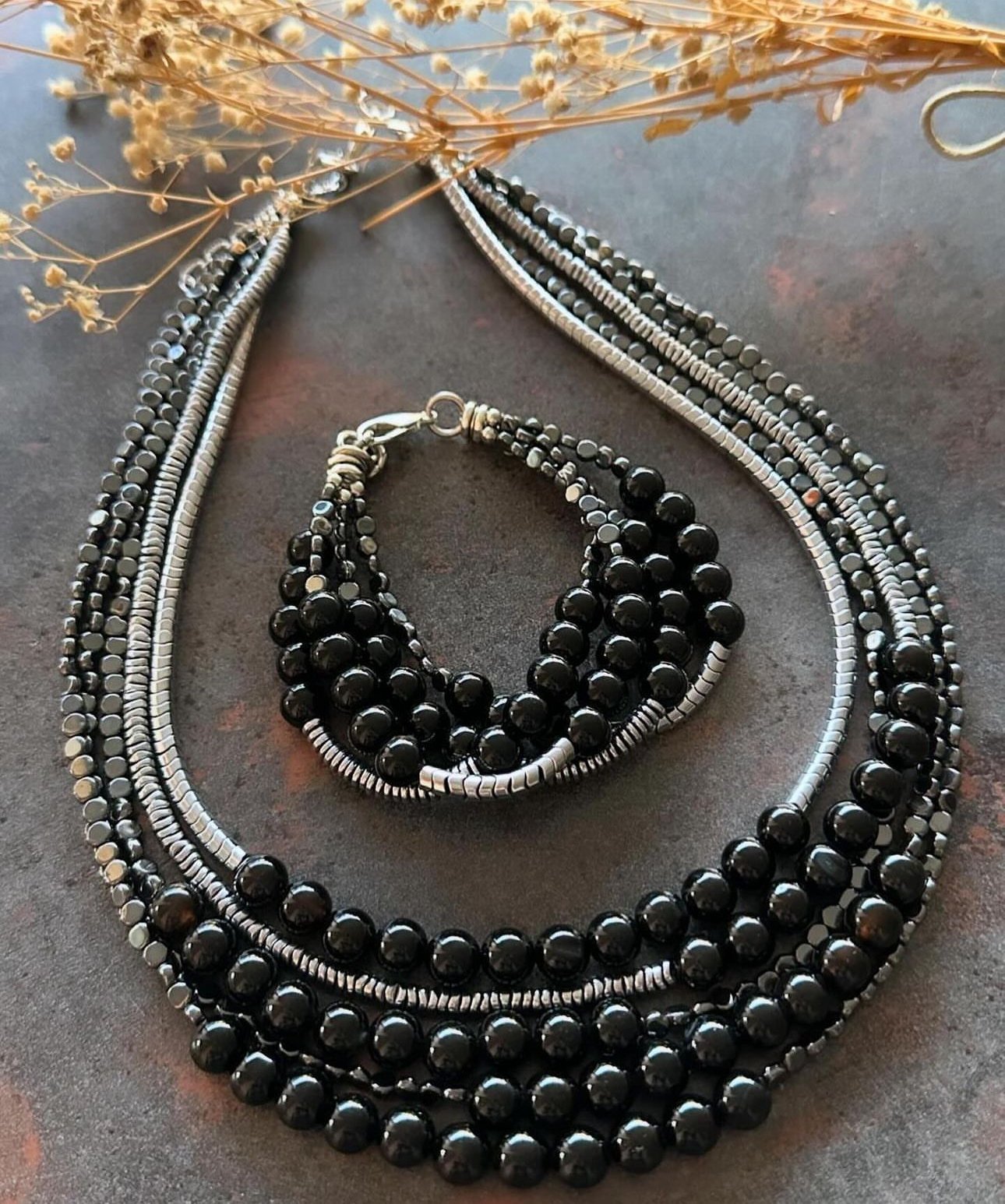 Hematit ve Onix Taşlı Kolye Bileklik Set
