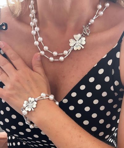 Doğaltaş Gümüş Yonca İnci Hematit Set