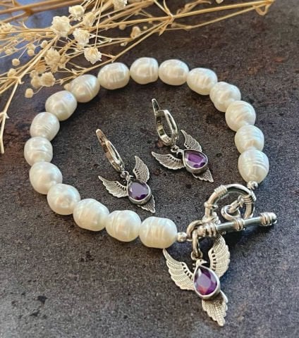 Doğaltaş Gümüş Anka Ametist İnci Küpe Bileklik Set