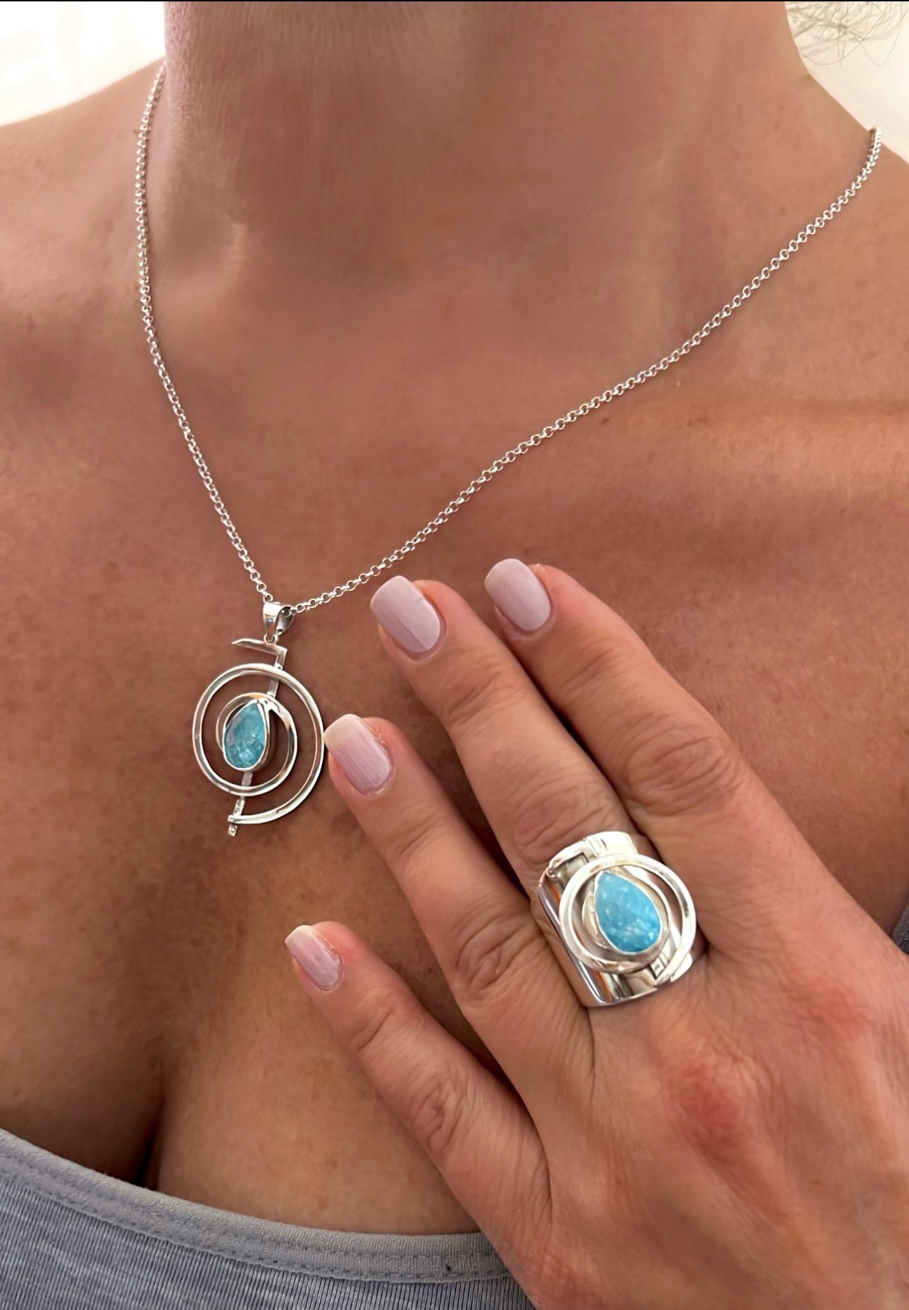 925 Ayar Gümüş Spiral Mavi Kuvars Yüzük