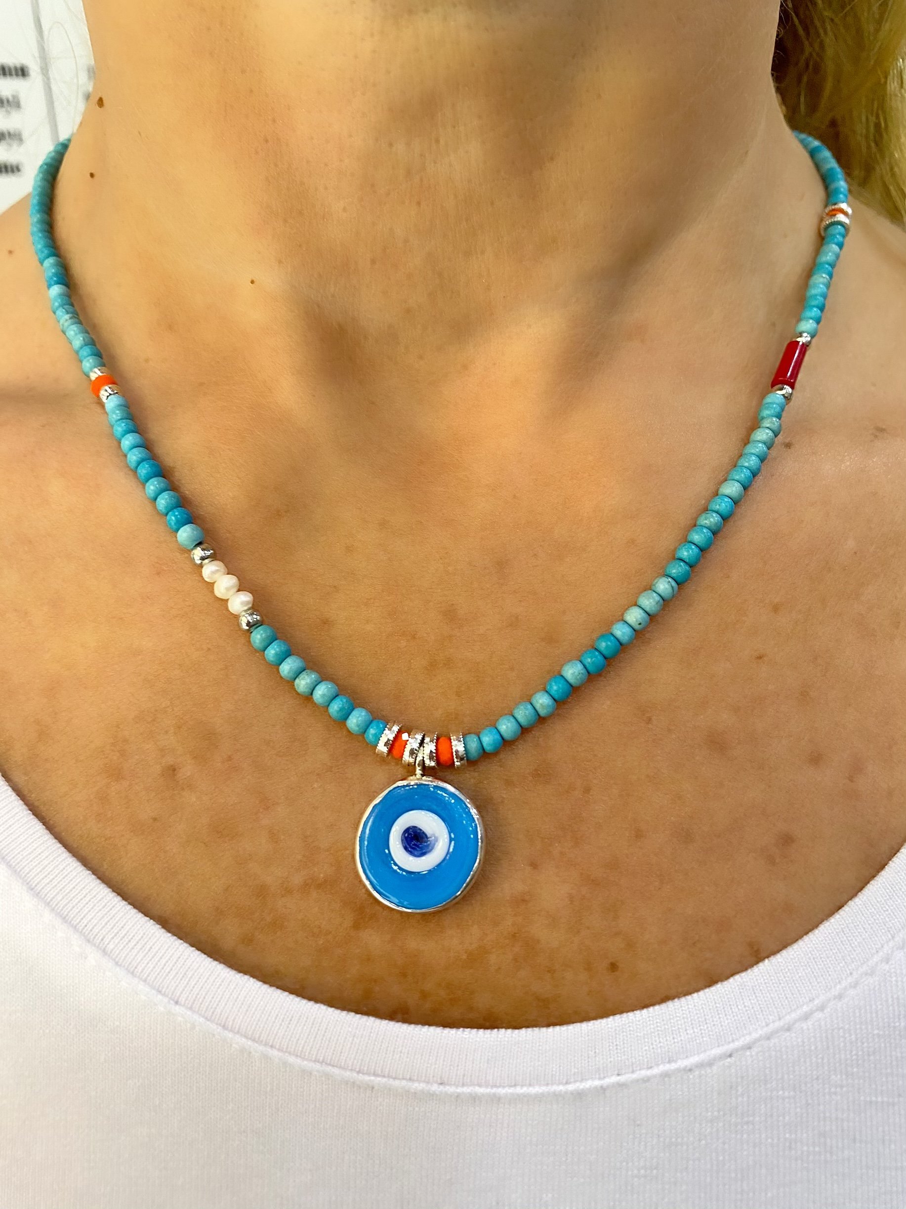 925 Ayar Gümüş Nazar Turkuaz Taşlı Kolye