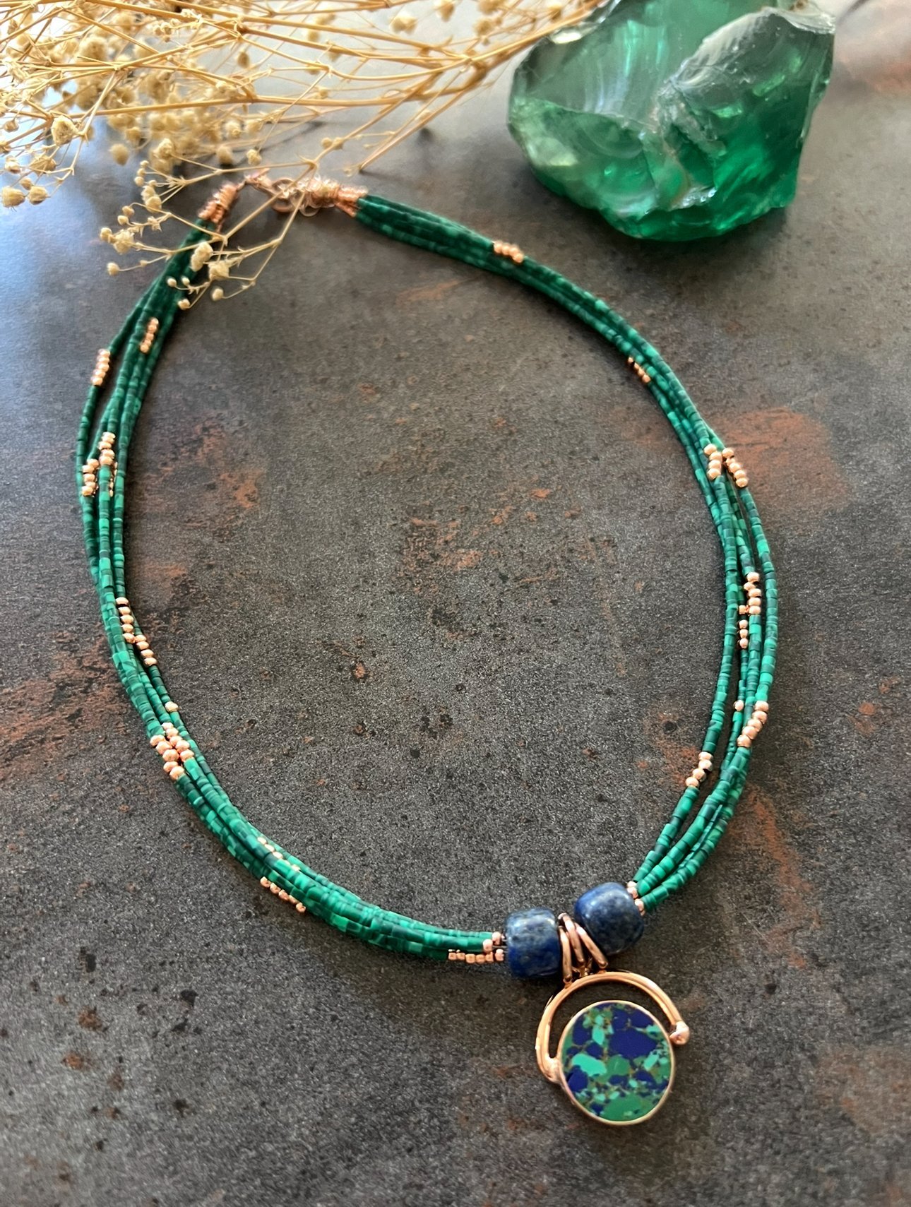 925 Ayar Gümüş Malakit Taşlı Kolye