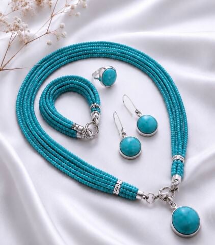 925 Ayar Gümüş Turkuaz Taşlı Set
