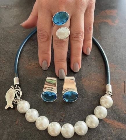 Doğaltaş Gümüş Akuamarin İnci Set