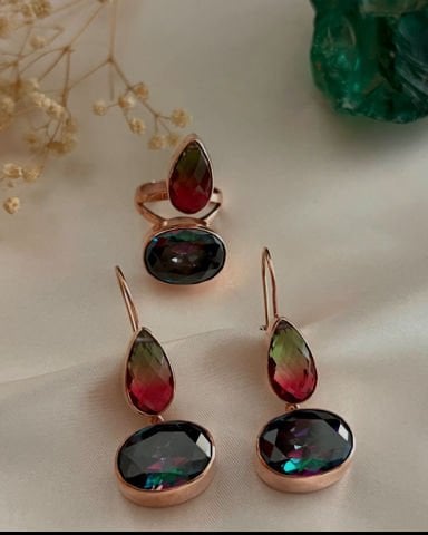 925 Ayar Gümüş Mistik Topaz Turmalin Yüzük Küpe Set