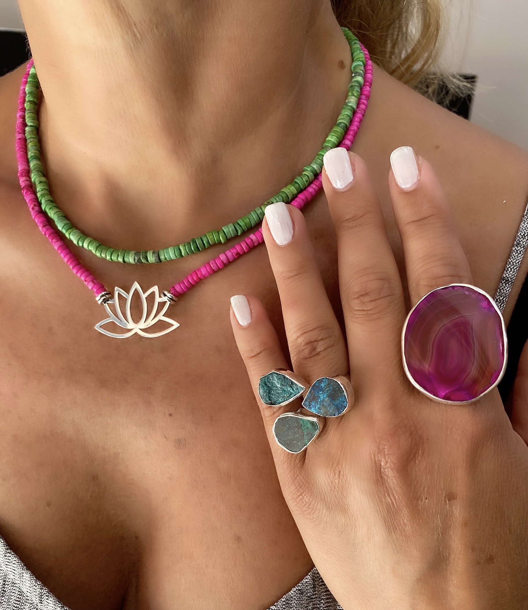 Doğaltaş Gümüş Pembe Agat Lotus Çiçeği Set