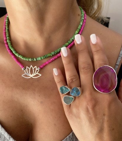 Doğaltaş Gümüş Pembe Agat Lotus Çiçeği Set