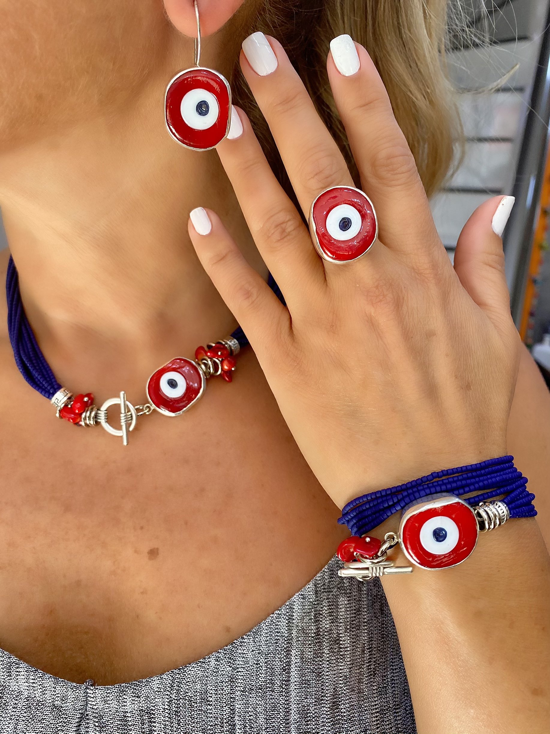 Doğaltaş Gümüş Nazar Mavi Akik Set