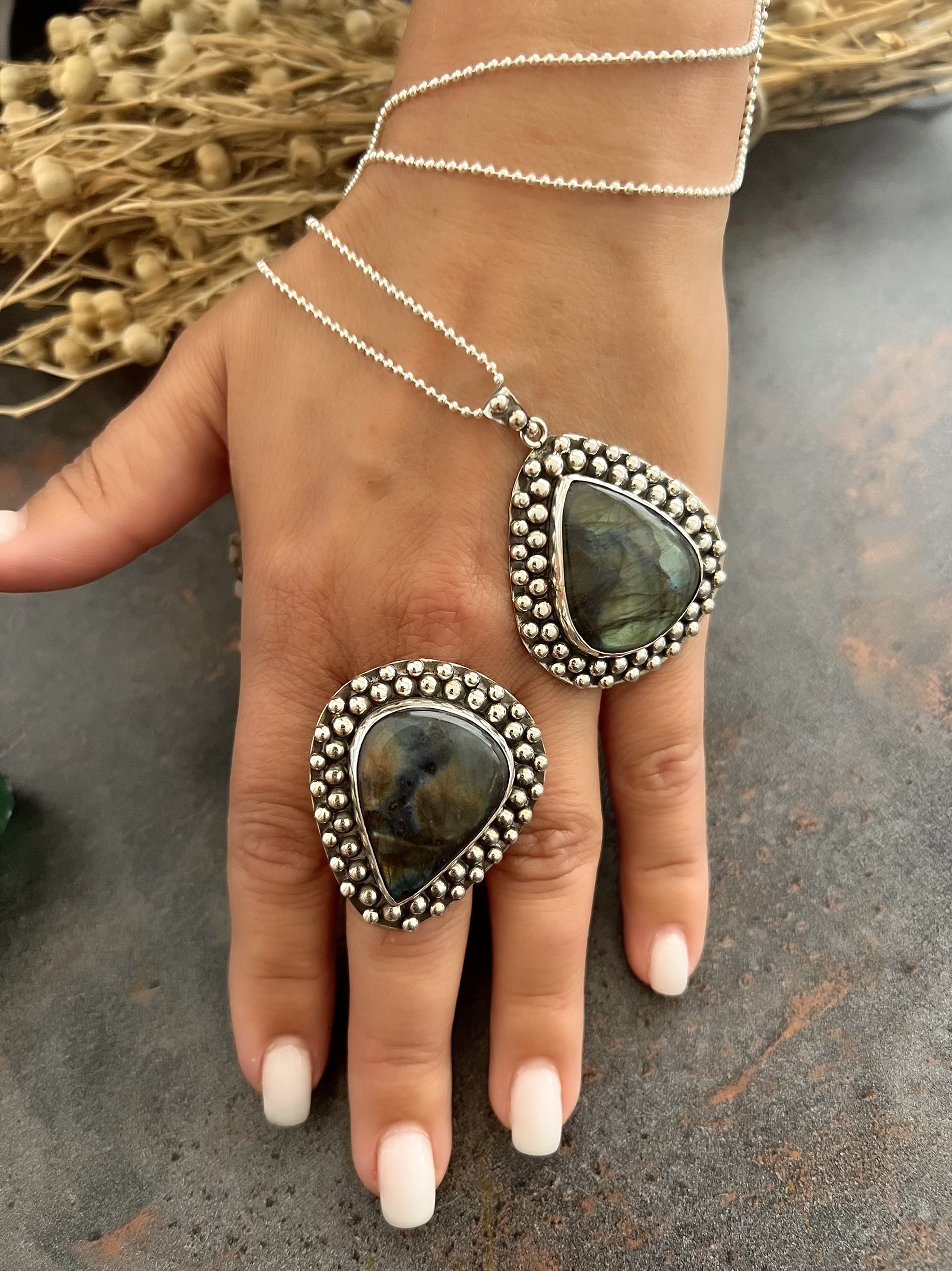 925 Ayar Gümüş Özel Tasarım Labradorit Taşlı Set