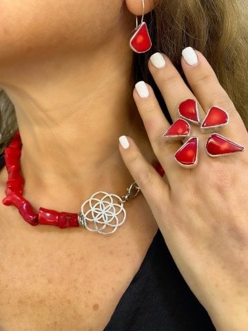 Doğaltaş Gümüş Yaşam Çiçeği Kök Mercan Taşlı Set