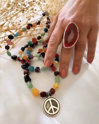 925 Ayar Gümüş Özel Tasarım El İşi Peace Barış Sembolü Agat Taşlı Kolye