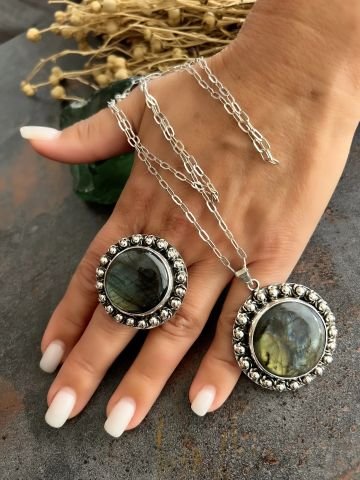 925 Ayar Gümüş  Labradorit Taşlı Set
