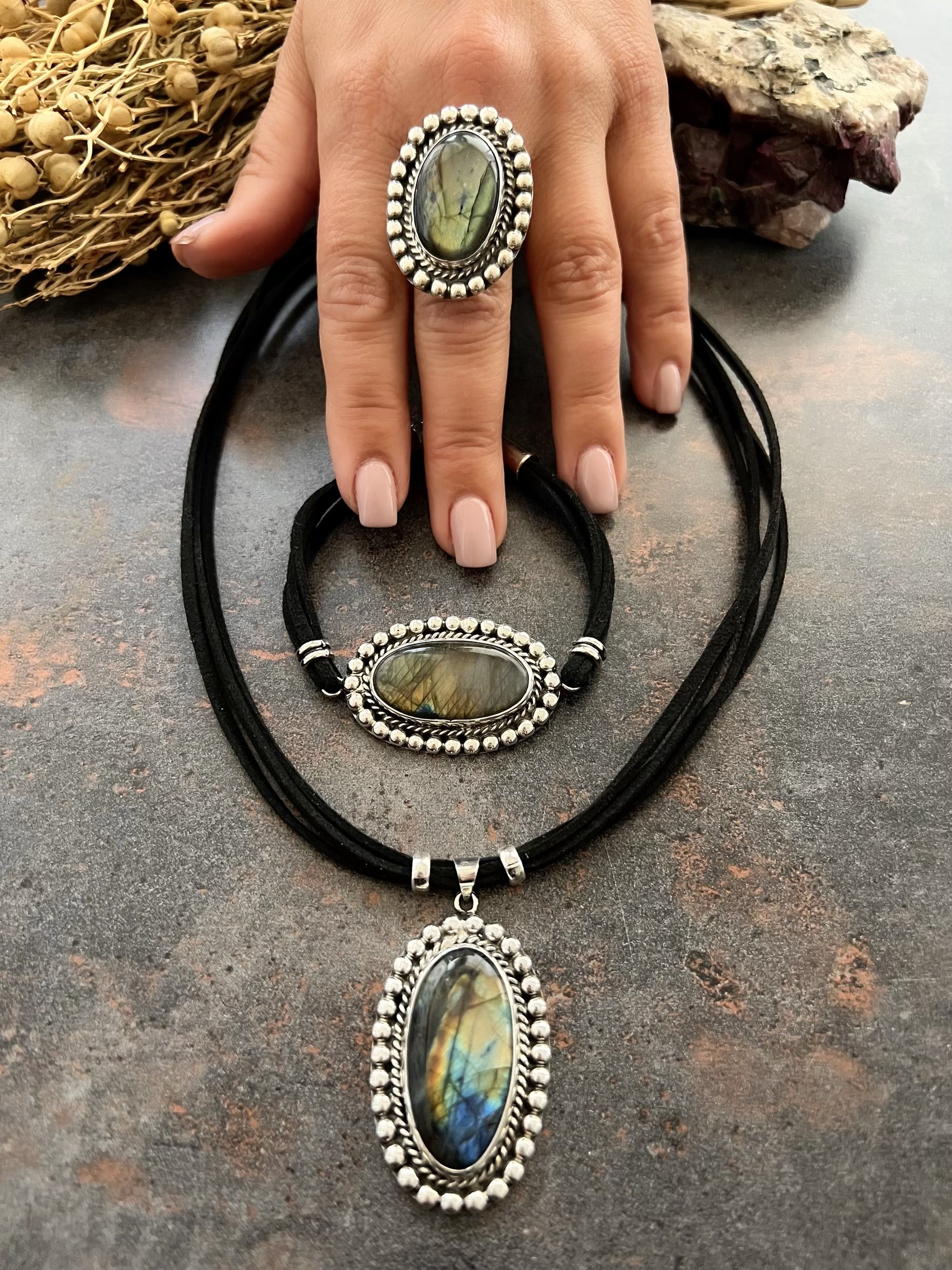 Doğaltaş Gümüş Labradorit Taşlı Set