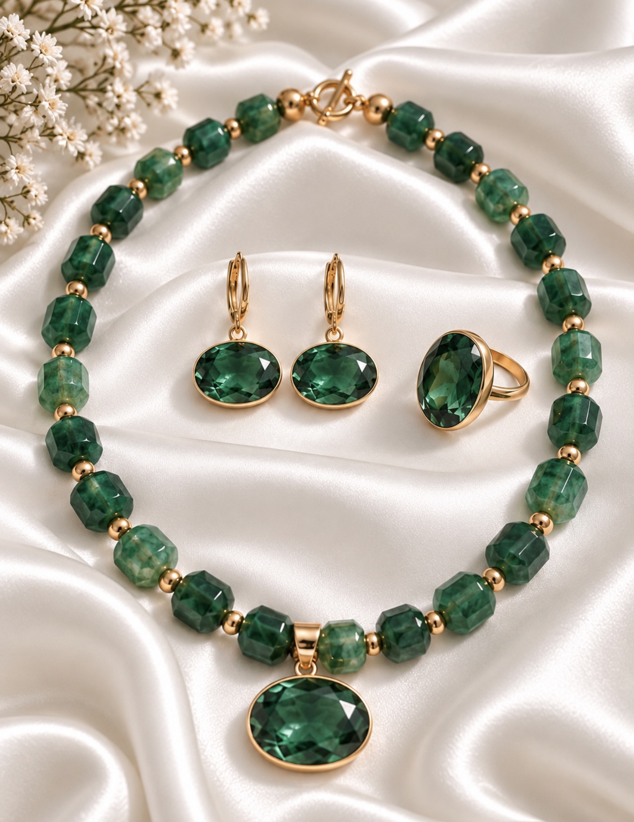 925 Ayar Gümüş Yeşil Florit Set