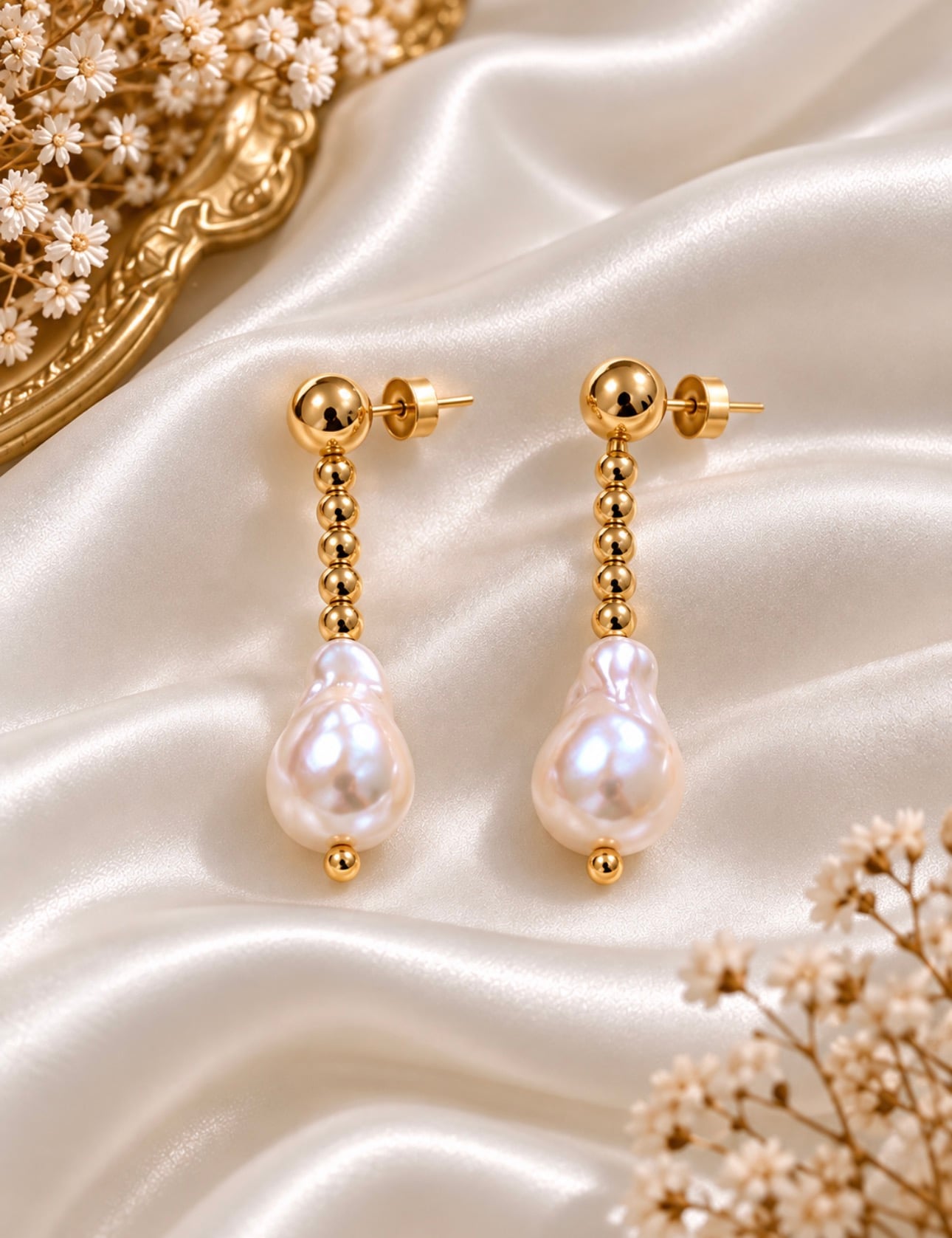 925 Ayar Gümüş Barok İnci Gold Hematit Küpe